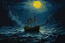 Vector Art Of A Painted Art Of A Ship In A Rough Sea Waves, Moon In Dark Sky 