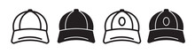 Simple Baseball Cap Vector Icon Set. Sport Cap Line Icon Pictogram In Filled And Outlined Style.