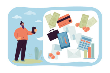 Canvas Print - Happy man using digital payment systems vector illustration. Money, cryptocurrency, credit cards, banking apps and online transactions on smartphone. Financial technology concept