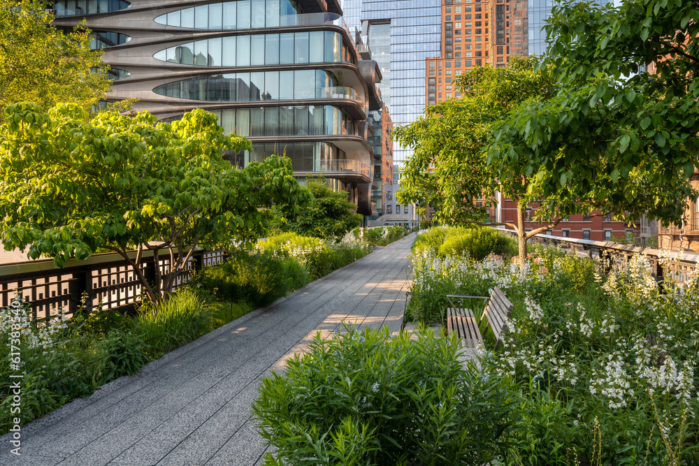 The High Line Park promenade in summer. Elevated greenway in the heart of Chelsea, Manhattan. New York City