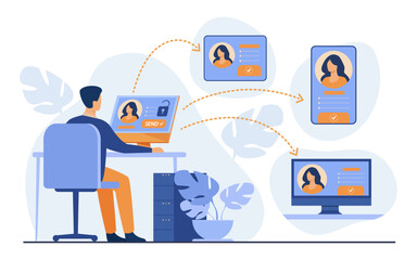 Aufkleber - Man hacking into account of woman vector illustration. Cartoon drawing of hacker stealing social network data of girl. Cybersecurity, safety, personal information, internet concept