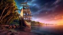 Pirate Sailboat Ship Near Mystic Treasure Island At Night Digital Illustration Generative AI