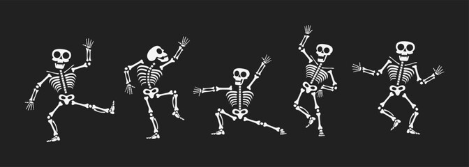 Poster - Skeletons dancing with different positions flat style design vector illustration set. Funny dancing Halloween or Day of the dead skeletons collection. Creepy, scary human bones characters silhouettes.