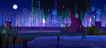 Swamp In Night City Park With Reed And Grass Cartoon Vector. Water Pond Near Metal Fence In Dark Environment Nature Scenery. Outdoor Panoramic Landscape With Full Moon Light And Neon Urban Skyline