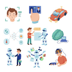 Aufkleber - Different AI technologies vector illustrations set. Cartoon drawings of chatbots, face and fingerprint recognition, machine learning. Artificial intelligence, engineering, modern technology concept