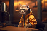 Fototapeta Zwierzęta - a cute cat wearing human clothes sitting in a recording studio about to produce a podcast or asmr sounds. Generative AI technology