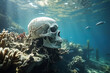 Dead corals with a human skull on top. Dead coral reef in the warming ocean. Climate change is destroying coral reefs and humanity around the world. Generative AI.