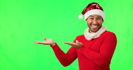Poster - Happy man, Christmas portrait and hands showing promo choice, deal and excited announcement. Green screen, holiday and xmas hat with festive sale, advertising and male person with celebration