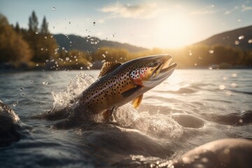 river trout jumping from the water to catch insects on the surface in a high mountain river