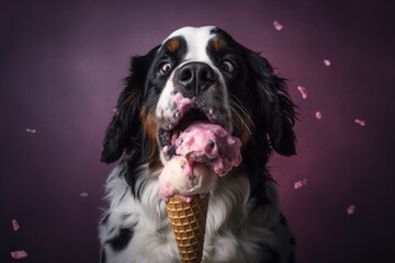 Wall Mural - a dog eating an ice cream while gazing at the blue background