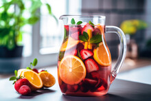 Pitcher Of Tangy Fresh Fruit Ripe Sangria With Mint Leaves And Strawberry Slices, Maroon In A Large Bowl