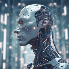 Poster - Futuristic robot on the background of a fantastic city of the future.Artificial intelligence concept.Generative AI.