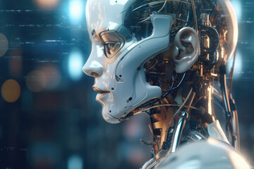 Poster - Futuristic robot on the background of a fantastic city of the future.Artificial intelligence concept.Generative AI.