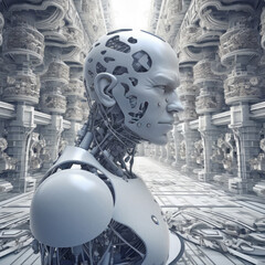 Poster - Futuristic robot on the background of a fantastic city of the future.Artificial intelligence concept.Generative AI.