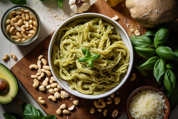 basil avocado fettuccine with pistachio nuts and mint on dark grey background