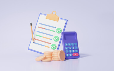 Poster - Checklist economics education concept. tax payment, calculator, coins, financial learning. transactions for cost reduction saving money finance and business target planning. 3d render illustration
