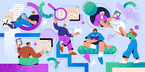 Poster - Business coworking and workflow concept. Team, people, colleagues in company, organization, creative community. Corporate work, partnership and study. Teamwork, education Flat vector illustration