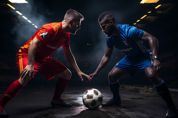 Football Futsal Ball and man Team. Indoor Soccer Sports Hall. Team A versus Team B. Blue and Yellow Uniform.