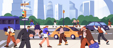 People Going, Rushing On Different Businesses, Hurrying To Work, Office. Morning City Life Concept. Rush Hour, Busy Urban Street Traffic With Pedestrians And Cars, Panorama. Flat Vector Illustration