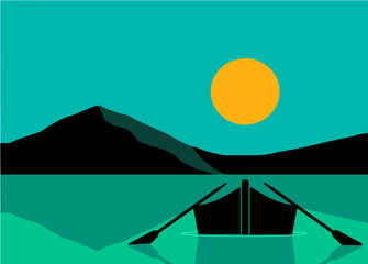 Wall Mural - A row boat and oars float on a mountain lake at sunset in this illustration about fresh air and wilderness lakes.