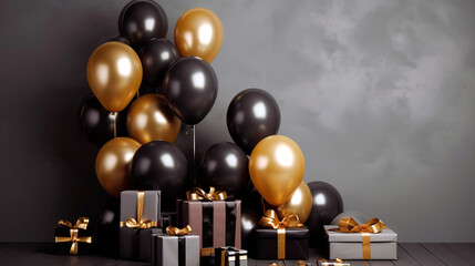 Wall Mural - Gold and black balloons bunch and presents. Blank wall with copy space