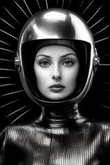 Wall Mural - 1950's atomic age image of model wearing sci-fi style space suit and helmet in preparation for inste