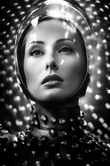 Wall Mural - 1950's atomic age image of model wearing sci-fi style space suit and helmet in preparation for inste