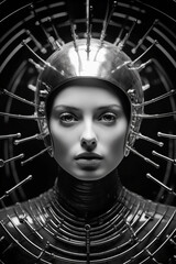 Wall Mural - 1950's atomic age image of model wearing sci-fi style space suit and helmet in preparation for inste