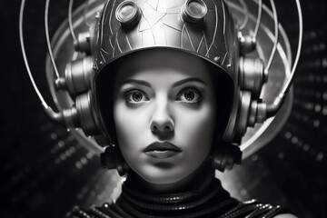 Wall Mural - 1950's atomic age image of model wearing sci-fi style space suit and helmet in preparation for inste