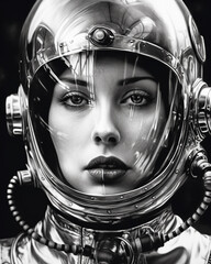 Wall Mural - 1950's atomic age image of model wearing sci-fi style space suit and helmet in preparation for inste