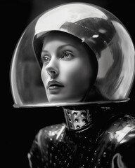 Wall Mural - 1950's atomic age image of model wearing sci-fi style space suit and helmet in preparation for inste