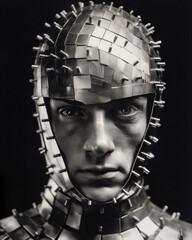 Wall Mural - 1950's atomic age image of model wearing sci-fi style space suit and helmet in preparation for inste