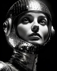 Wall Mural - 1950's atomic age image of model wearing sci-fi style space suit and helmet in preparation for inste