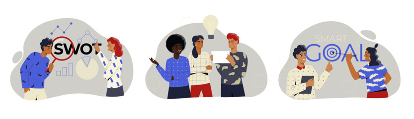 Poster - people analyze business. team of character develop strategies and swot analysis, set smart plans and