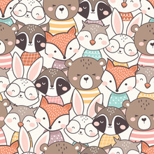 Cute Woodland Animals Seamless Pattern. Childish Cartoon Animals Background. Cute Cartoon Fox, Racoon, Bear, Rabbit, Squirrel, And Owl. Design For Background, Wallpaper, Fabric, Textile And More.