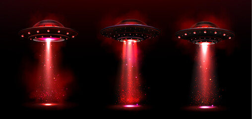 Wall Mural - realistic set of ufos with red light and smoke portals isolated on black background. vector illustra
