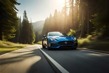 A Luxury Sports Car Driving On A Scenic Mountain Pass, Surrounded By Lush Greenery And Winding Roads.