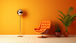 Interior with armchair, floor lamp and plant in 70s style and orange, Generative AI