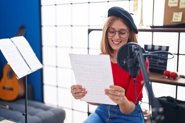 Sticker - Young redhead woman artist singing song at music studio