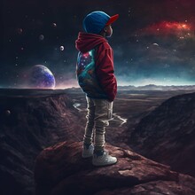 Little Black Boy With Red Baseball Cap Standing On The Edge Of A Mountain Peak Looking Down Onto The Galaxies With Lots Of Stars And Planets Birds Eye View 8k Lots Of Vibrant Colors Nighttime 