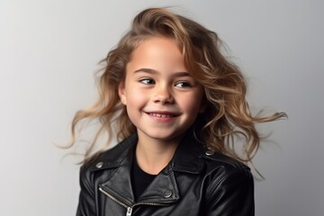 Portrait of a smiling little girl in a leather jacket on a gray background