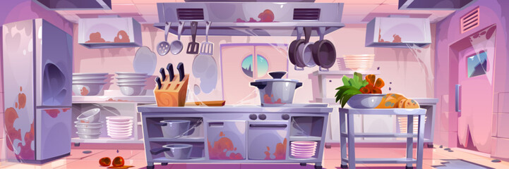 Abandoned messy kitchen restaurant interior vector illustration. Commercial professional cooking equipment dirty and spoiled vegetables on counter. Broken door in cafeteria room with spider web inside