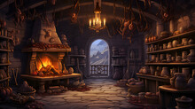 Witch Or Wizard Alchemical Laboratory With Magic Books And Potions With Mystic Glow At Night. Alchemist Lab Interior With Wooden Furniture. AI Illustration. For Games And Mobile Applications.