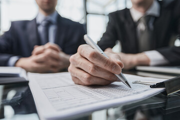 Close-up. Businessman looking at financial report and making notes with a pen in it