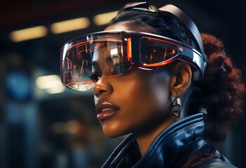 woman wearing eye glasses in a futuristic look, industrial and product design, AI, generative, generative AI