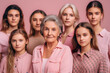 © ADDICTIVE STOCK - Generative AI illustration portrait of grandmother with group of female grand children in standing against pink background and looking at camera