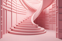 Generative AI Illustration Of Bright Pink Colored Modern Spiral Stairway With Sectioned Solid Walls And Concrete Railings In Modern House Interior