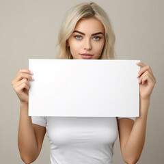 Close up Portrait beautiful blonde hair girl showing blank sign. Pastel Background. Copy space.