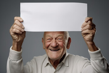 old man holding blank white banner sign, closeup isolated studio portrait