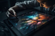 © ADDICTIVE STOCK - Generative AI image of crop young female looking at screen of graphic tablet while sitting at table and drawing with pen in hand in dark room